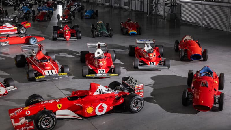 Ferrari F1 cars at the front of the Ecclestone Collection