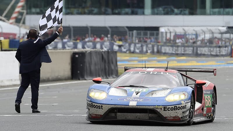 Ford GT crosses the line at Le Mans in 2016 to win its category in the 24 Hour race