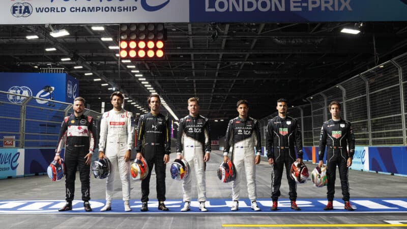 Those title contenders in London, from left: Oliver Rowland, Nissan; Jake Dennis, Andretti; Jean-Éric Vergne, DS Penske; Nick Cassidy and Mitch Evans, Jaguar TCS; Pascal Wehrlein and António Félix da Costa, Porsche