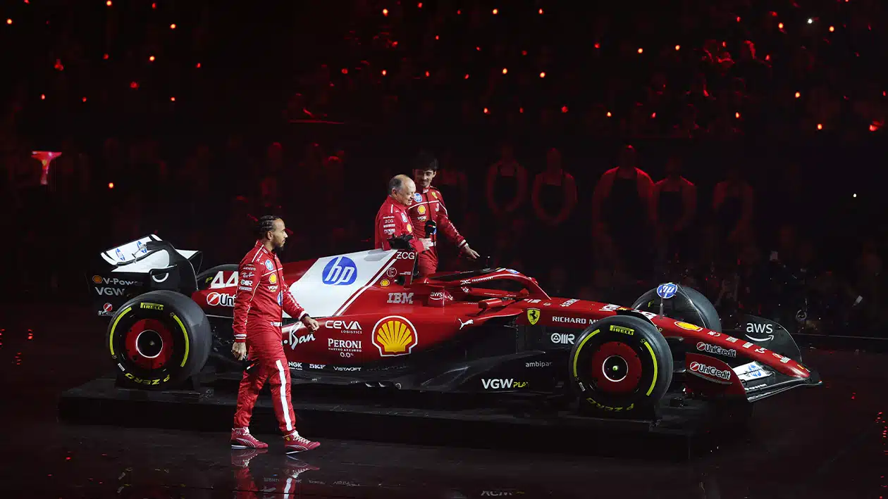 Lewis Hamilton with Charles Leclerc and Fred Vasseur at F1 75 event