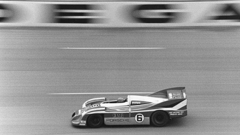 Mark Donohue on his way to setting a world closed-course speed record of 221.160mph at the Alabama International Speedway in a Porsche 917-30 in 1975