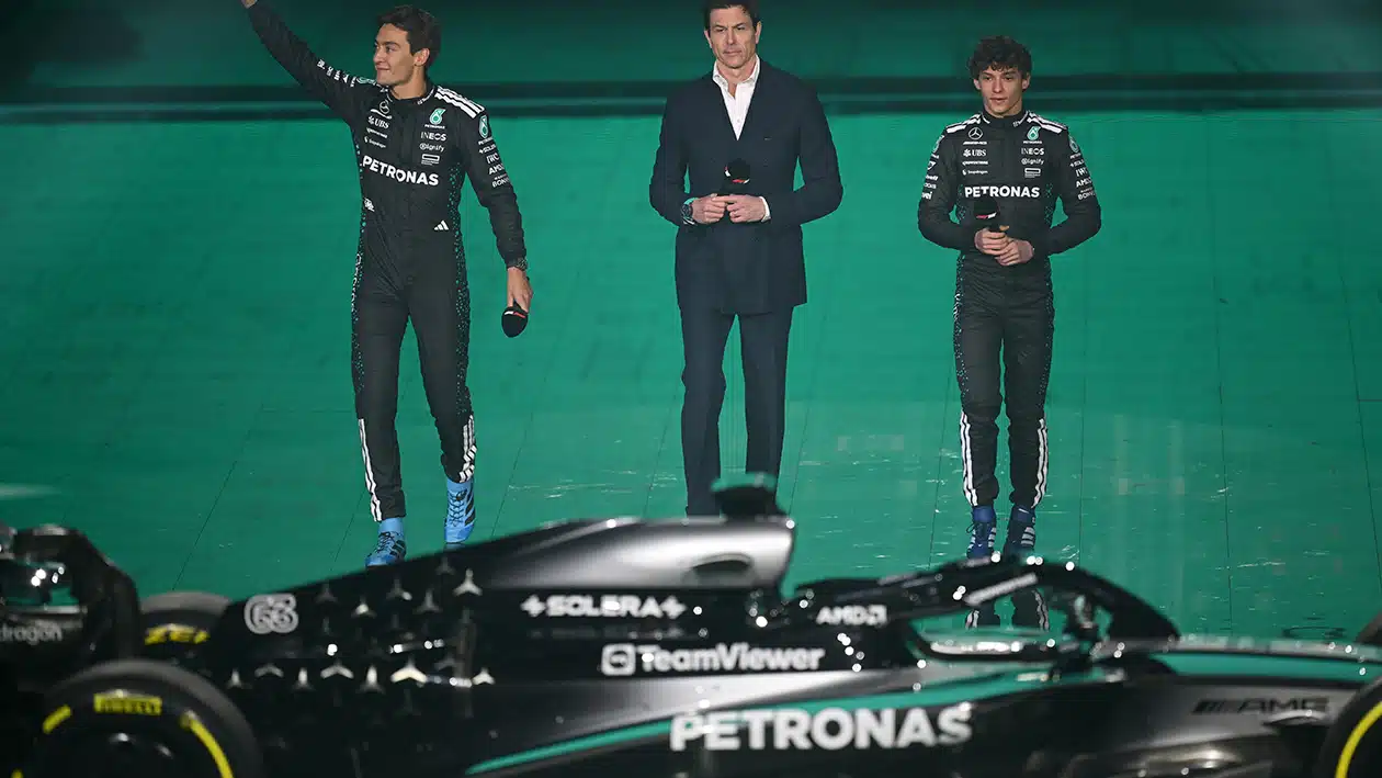 Mercedes drivers and Toto Wolff at 2025 livery reveal at F1 75 event