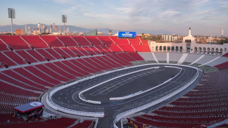 Overhead view of NASCAR track at Los Angeles Coliseum