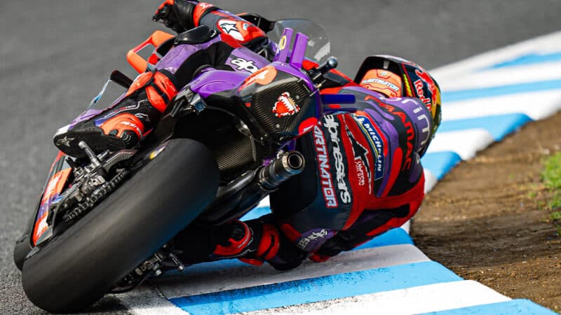 Rear view of Jorge Martin on Pramac Ducati MotoGP bike