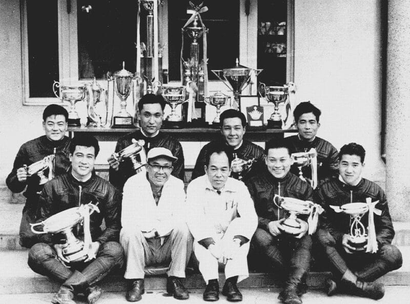 Soichiro Honda with memebrs of the first Honda motorcycle racing team