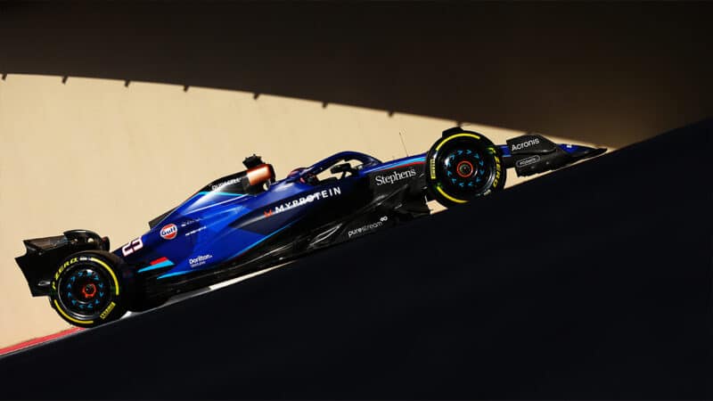 Williams F1 car of Alex Albon at 2023 Abu Dhabo testing