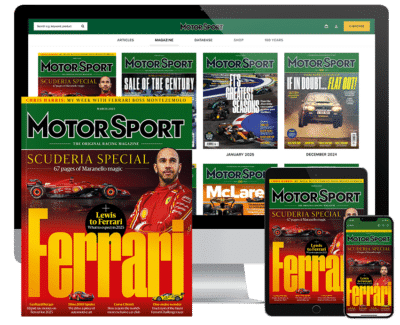 March 2025 Motor Sport Magazine in print, digital, and website archive, showcasing the cover and reading options.